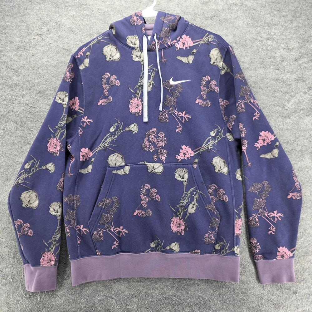 Nike Hoodie Mens S Purple Pullover Floral Graphic Hooded Pockets Fleece Logo
